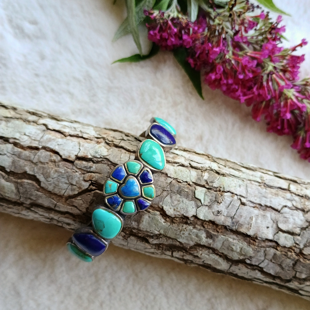 Vintage 925 Native American Style Turquoise And Lapis Adjustable Cuff Bracelet